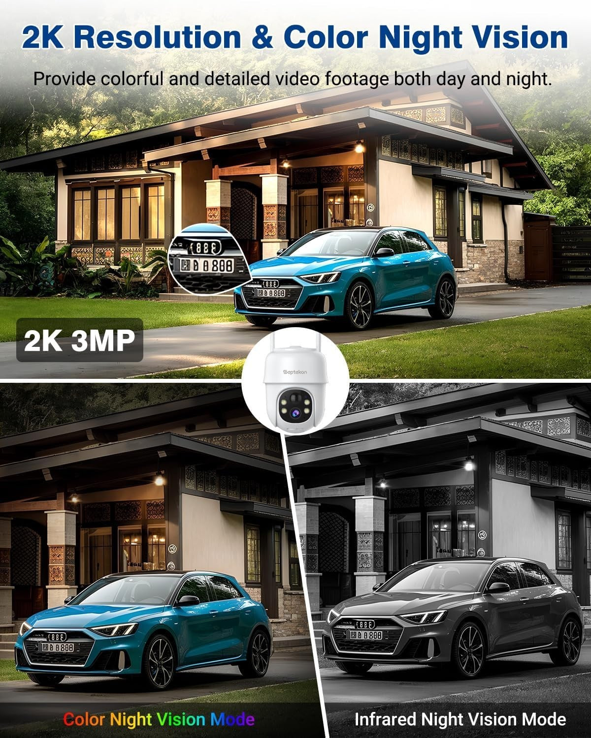 2K Solar Security Camera Wireless Outdoor PTZ 360° Color Night Vision