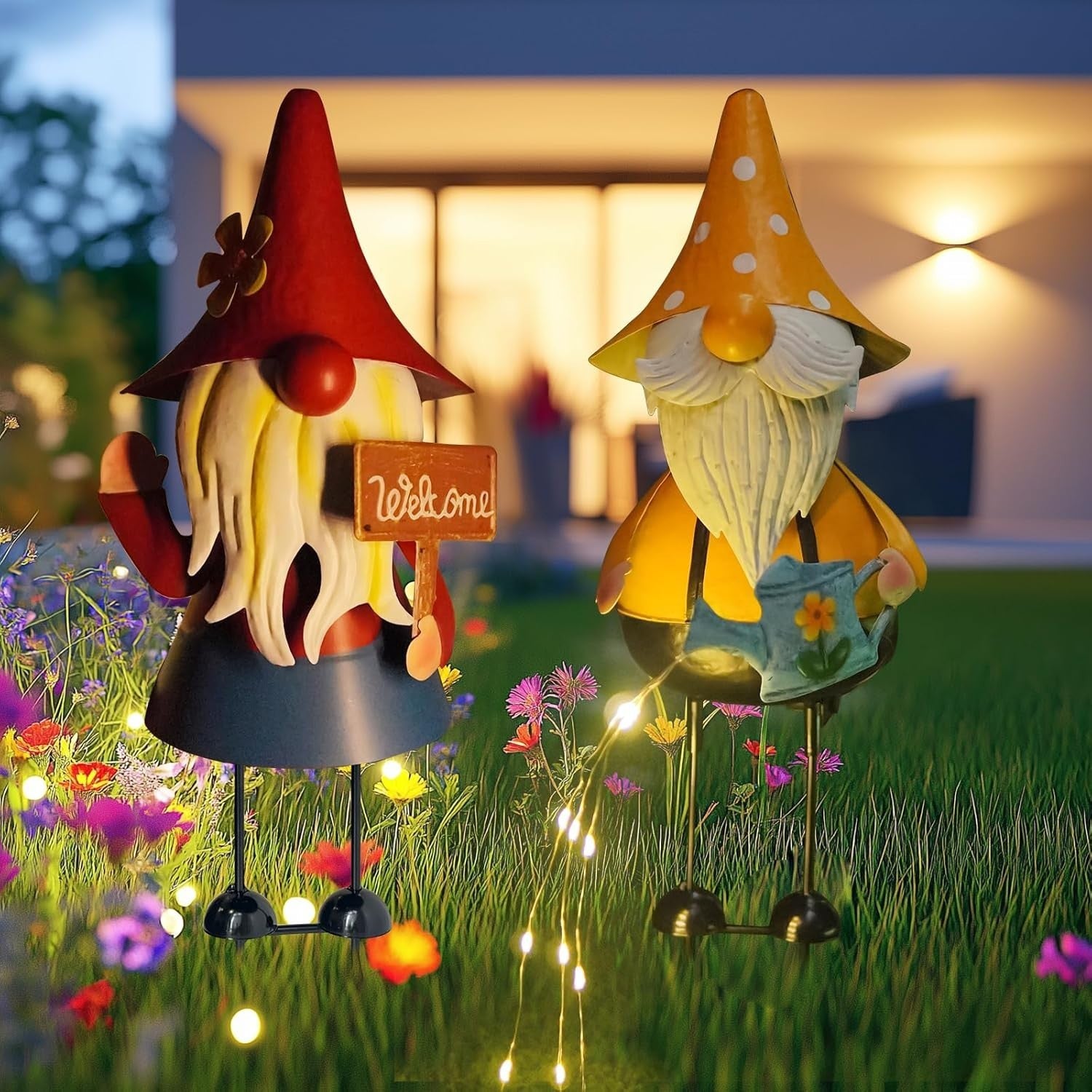 Solar Gnome Garden Ornaments Set of 2 Metal 18" Outdoor LED Watering Can Statues