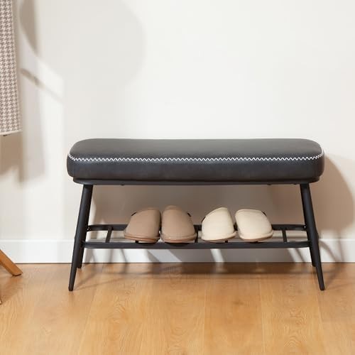 Charcoal Grey PU Leather Shoe Storage Bench with Cushion Seat & Metal Frame