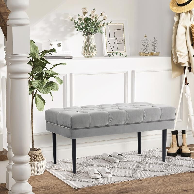 Grey Velvet End of Bed Bench Upholstered Button Tufted Hallway Seat 110cm