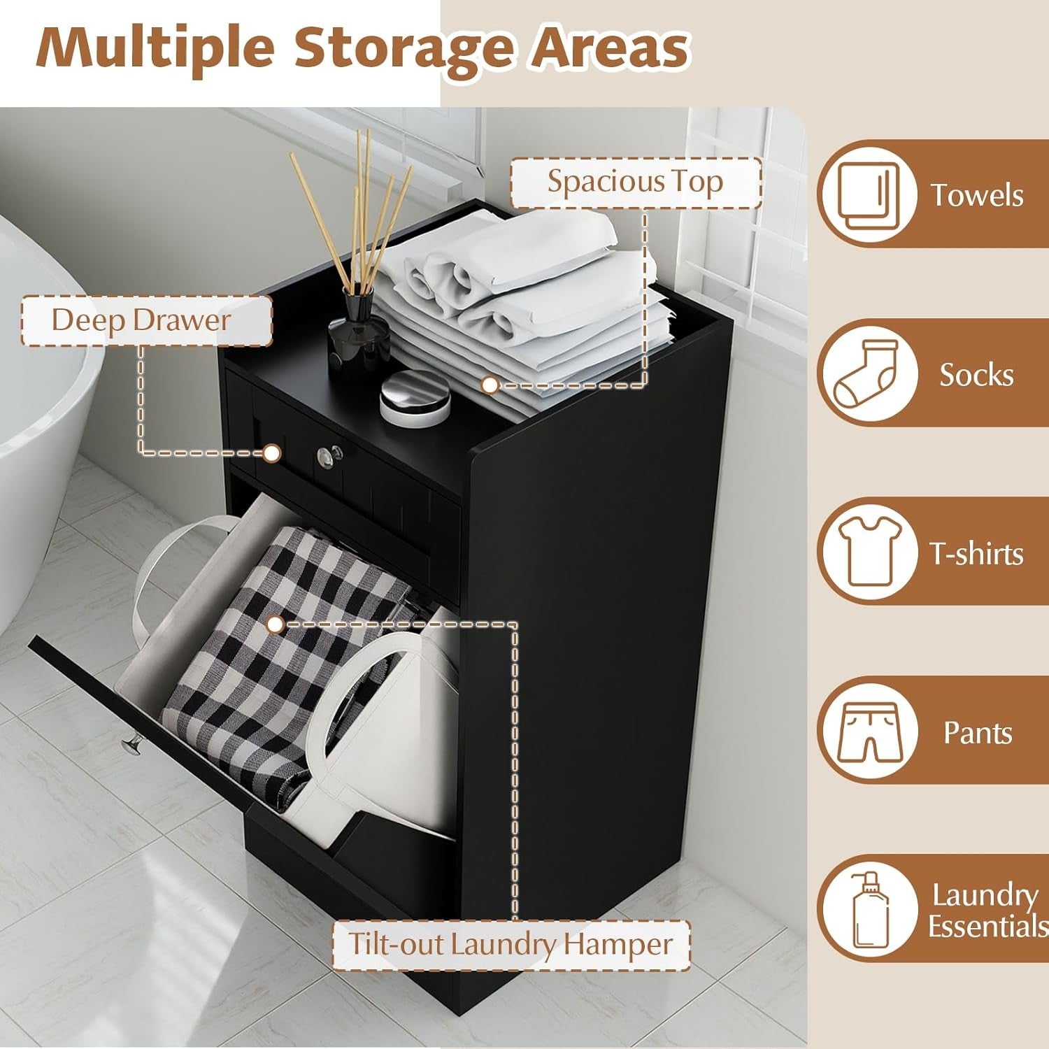 Black Tilt-Out Laundry Cabinet with Drawer & Removable Liner Modern Bathroom Sto
