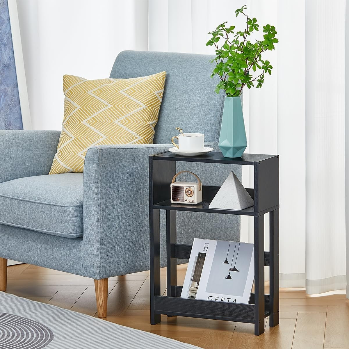 Black Slim Side Table with Shelves | 3-Tier Narrow Bedside & Sofa Table