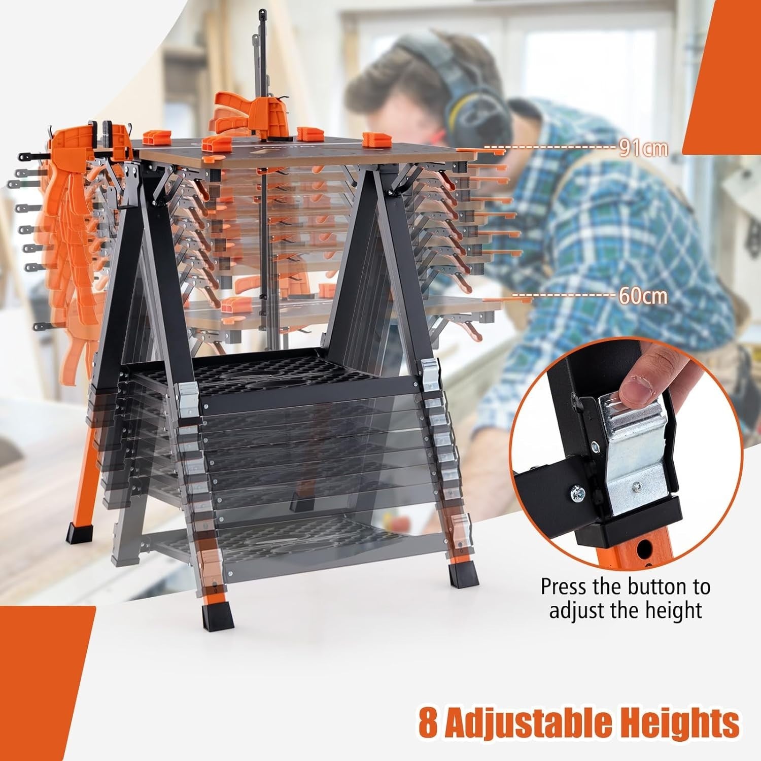 2-in-1 Folding Workbench & Sawhorse 8-Height 450kg Clamps Tool Stand 70x65