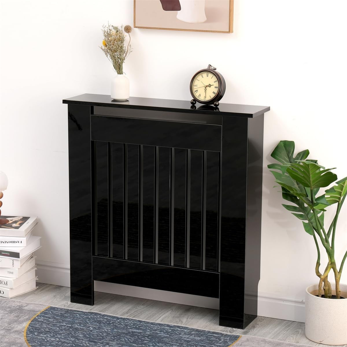 High Gloss Black Radiator Cover Small Modern Slatted Heating Cabinet 78cm
