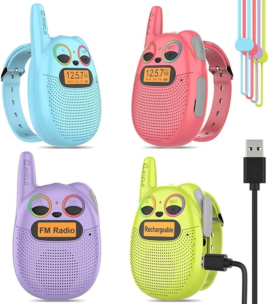Kids Rechargeable Walkie Talkies 4 Pack Watch Style FM Radio Toy Set