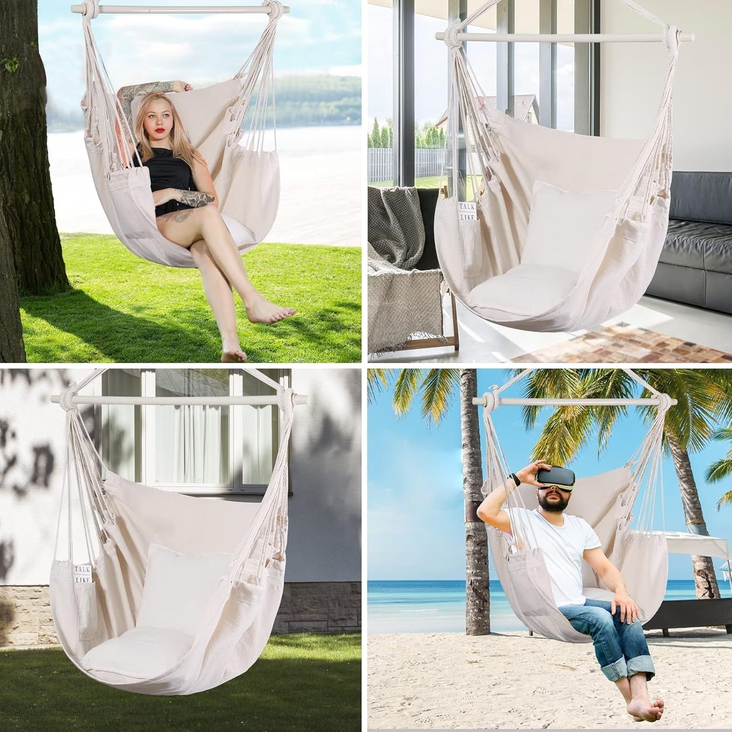 Beige Hammock Chair Swing w/ Pillows & Bar | Indoor Outdoor 330lbs Max