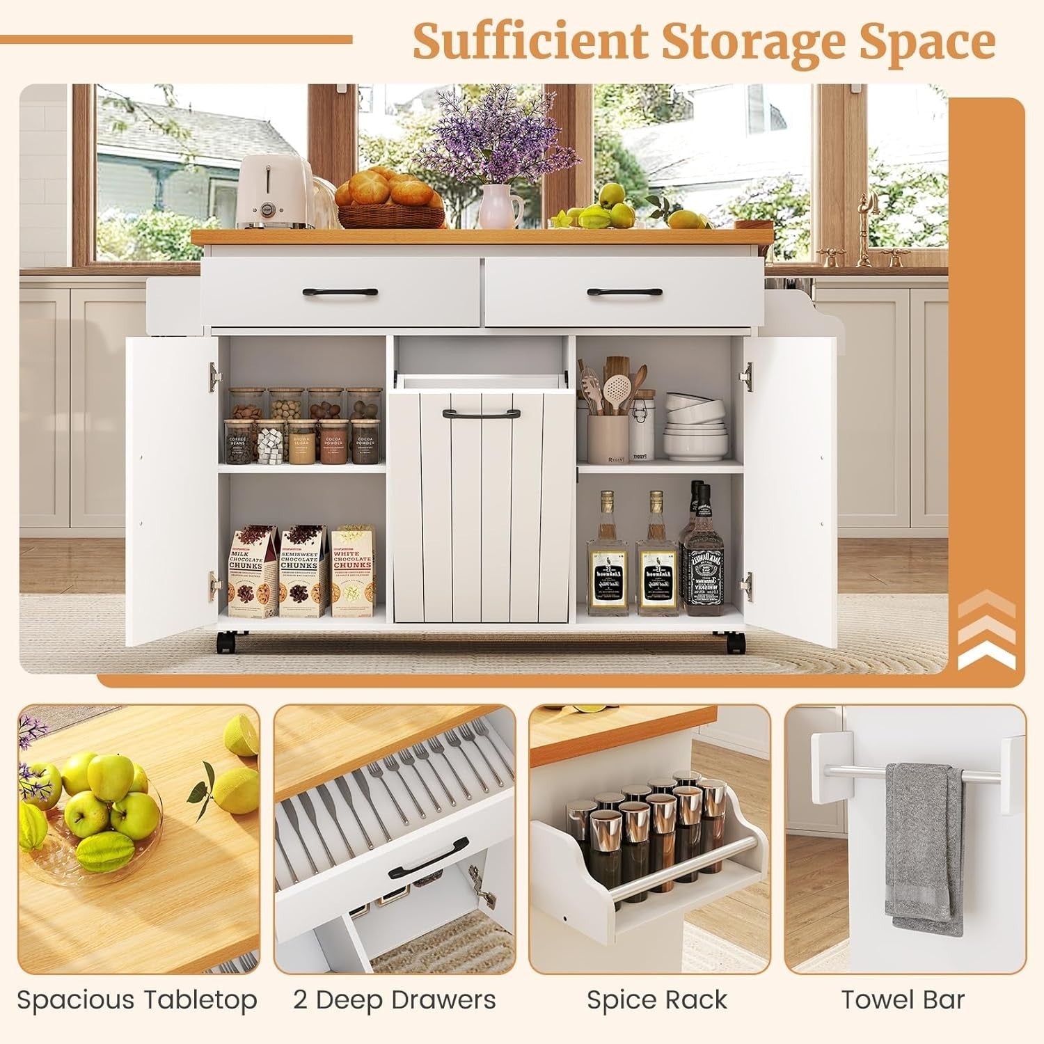Mobile Kitchen Island Cart with Trash Storage, Adjustable Shelves.