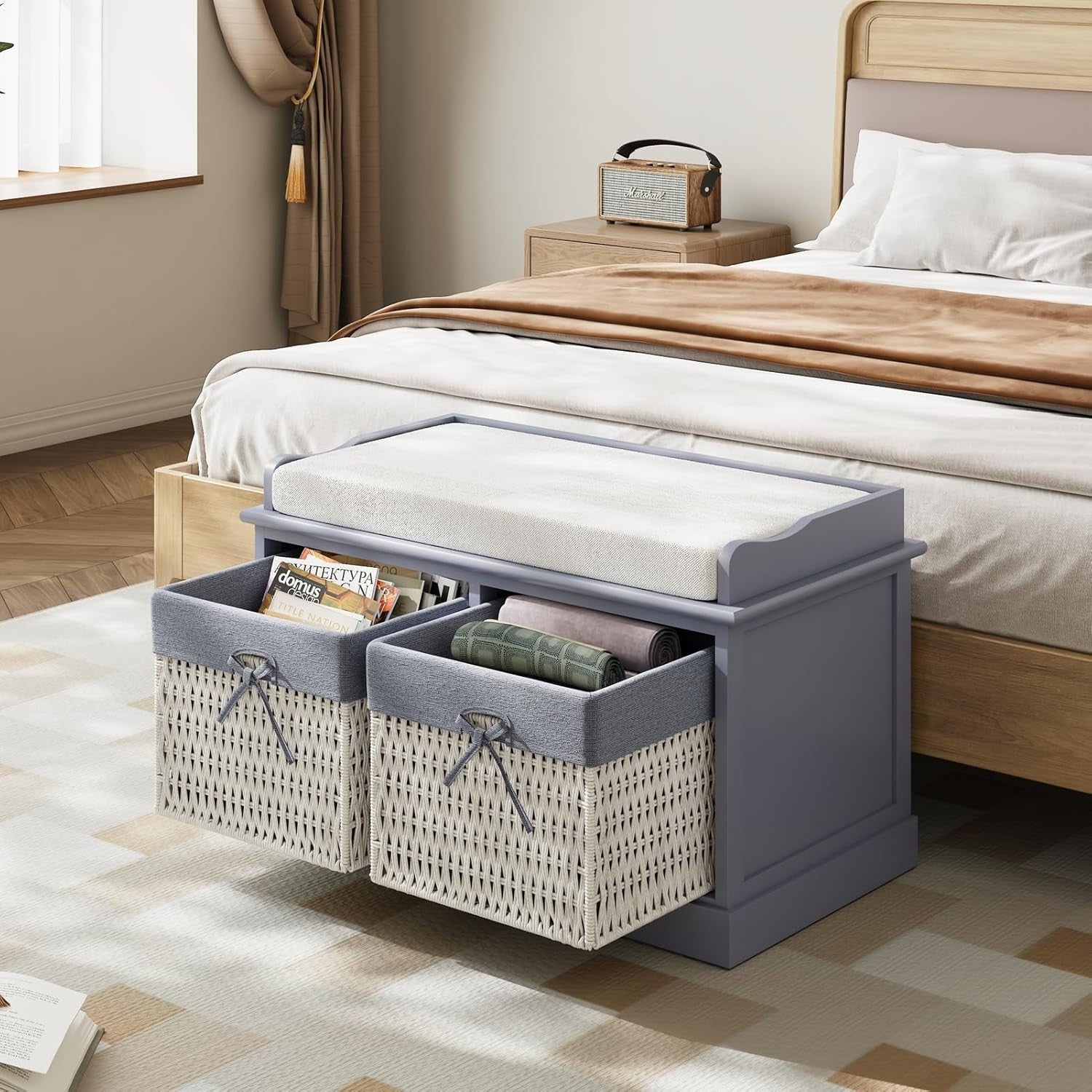 Blue Grey Shoe Storage Bench with Cushion 2 Wicker Baskets 76x30x46cm