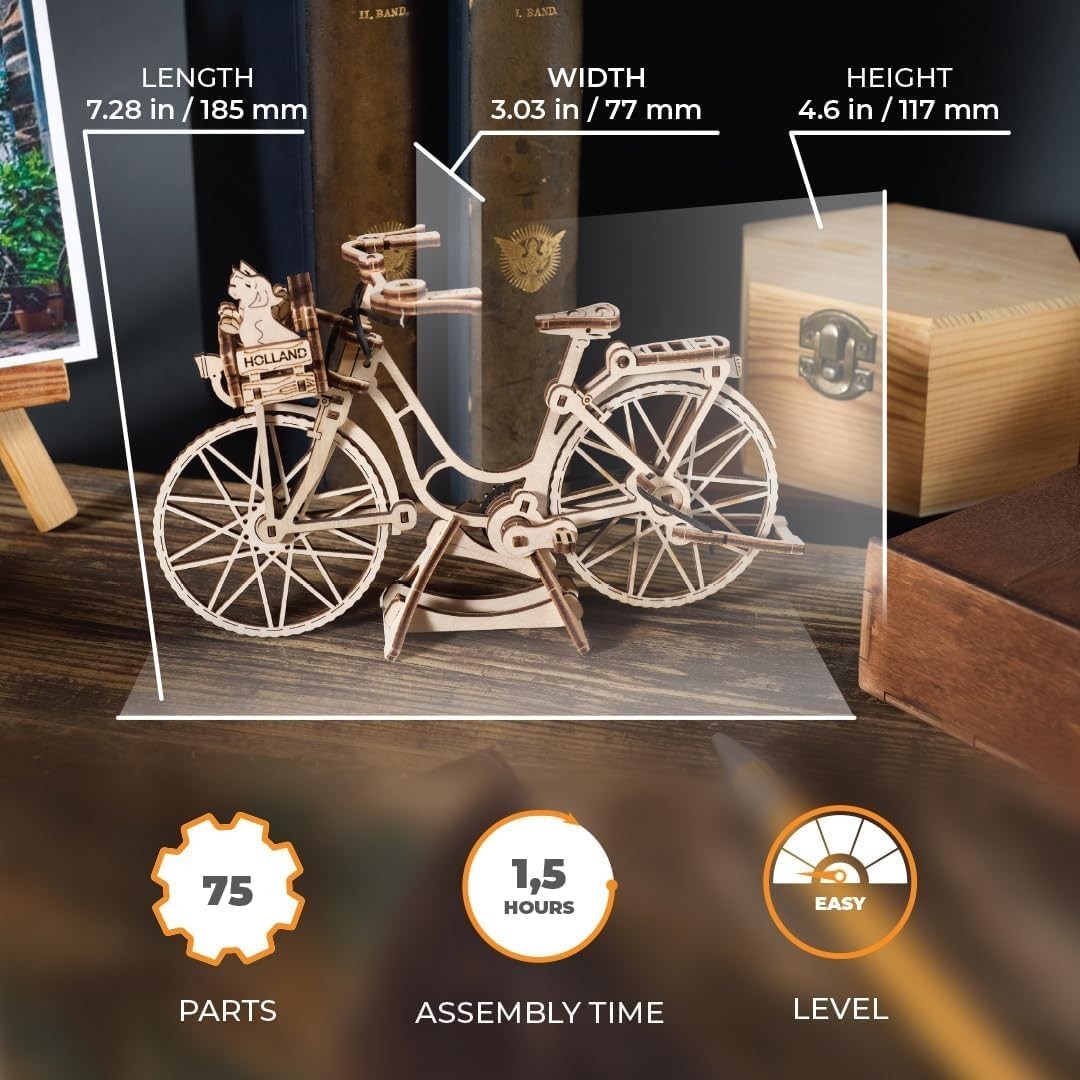 3D Wooden Bicycle Puzzle Kit with Moving Chain Drive & Realistic Pedals