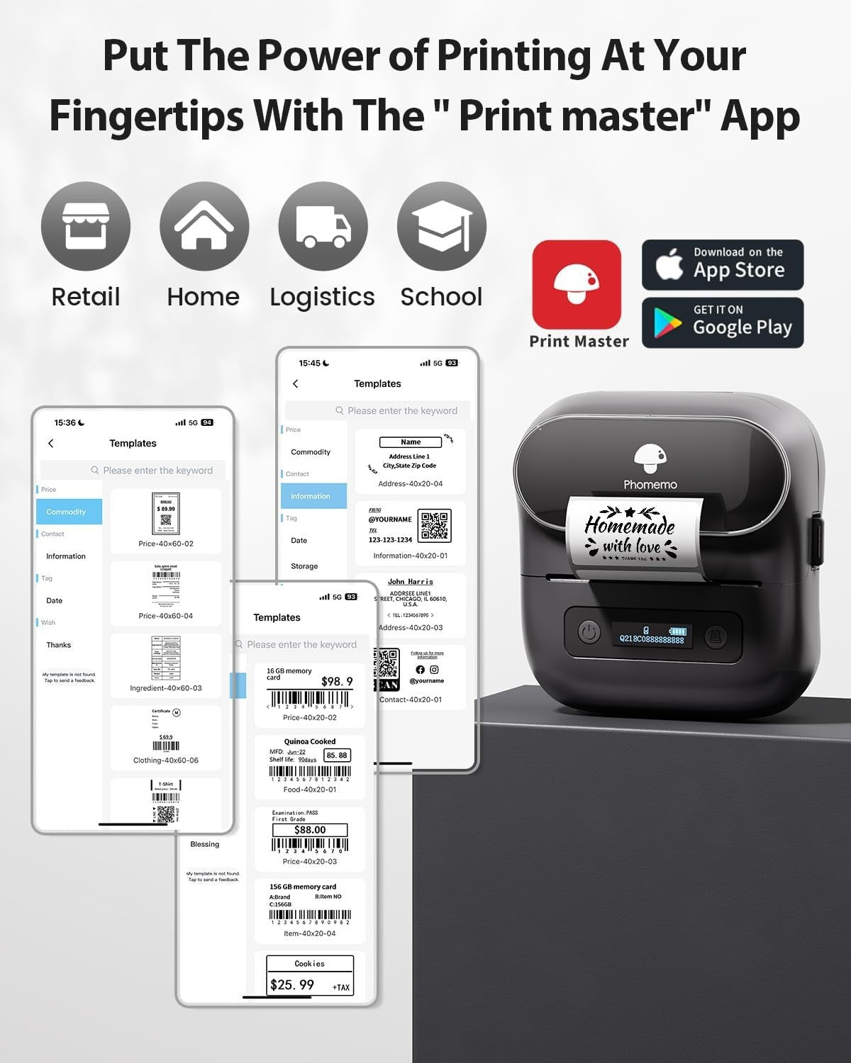 Phomemo M220 Portable Thermal Label Printer Bluetooth for Home & Office