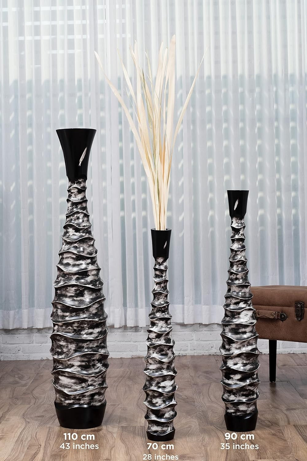 Large Black White Floor Vase 85cm Tall Wooden Decor for Pampas Grass