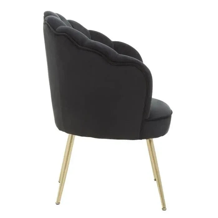 Black Velvet Shell Chair – Scalloped Accent Seat with Gold Metal Legs
