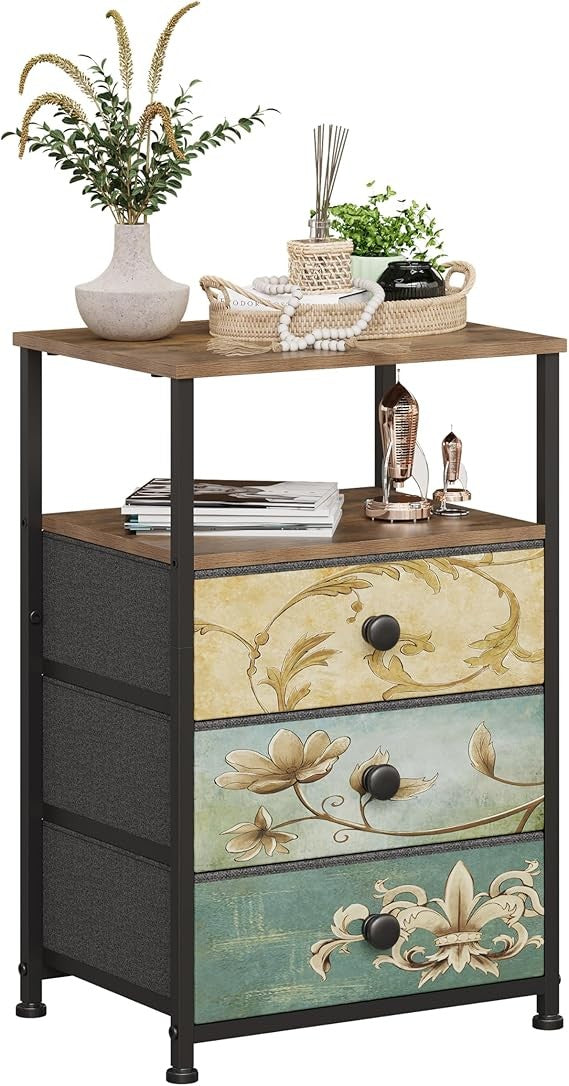 Vintage 3-Drawer Bedside Cabinet with Open Shelf, Metal Frame Storage Table