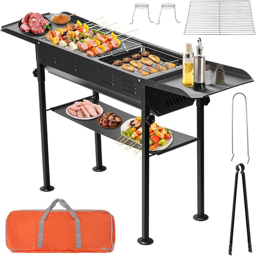 Portable Charcoal BBQ Grill with Storage Shelf Adjustable Height Outdoor Camping