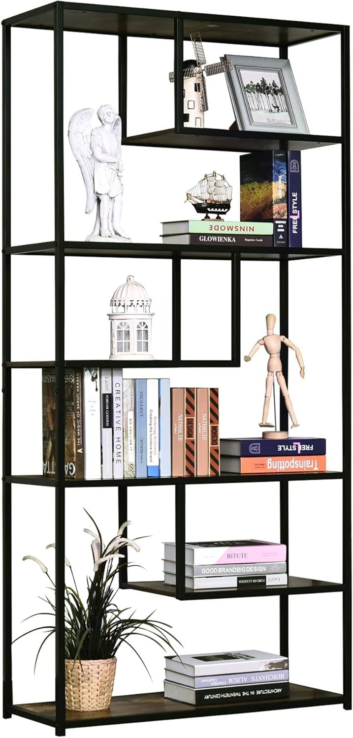 Industrial 6-Tier Bookcase Rustic Brown & Black Tall Metal Frame Display Shelf