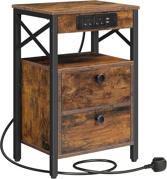 Rustic Charging Bedside Table with USB Ports, 2 Drawers, Small Space Nightstand