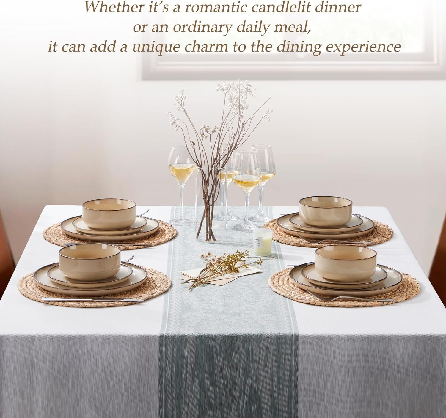 12pc Stoneware Dinner Set Latte Khaki Plates Bowls Reactive Glaze