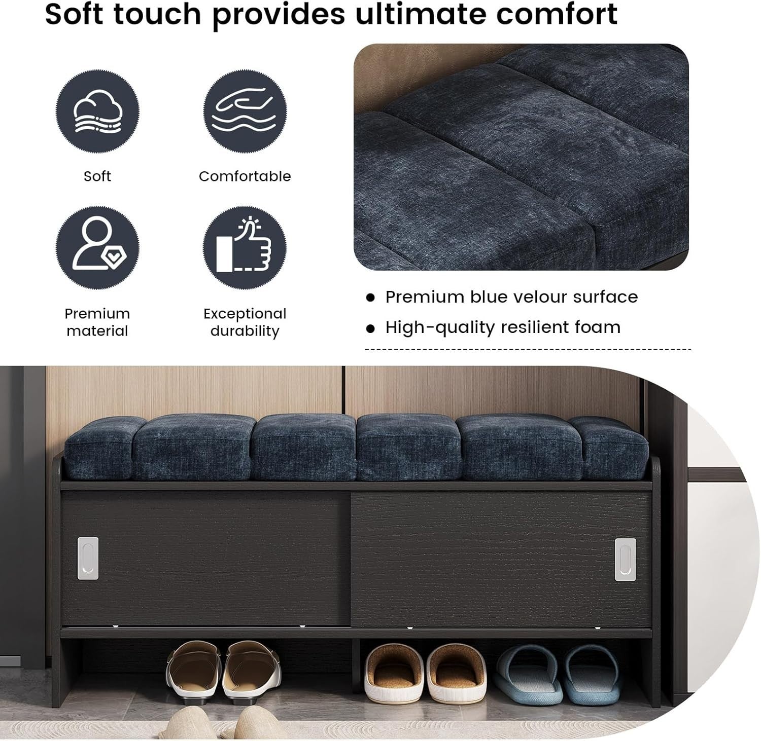 43.3" Modern Entryway Shoe Storage Bench with Sliding Doors, Blue