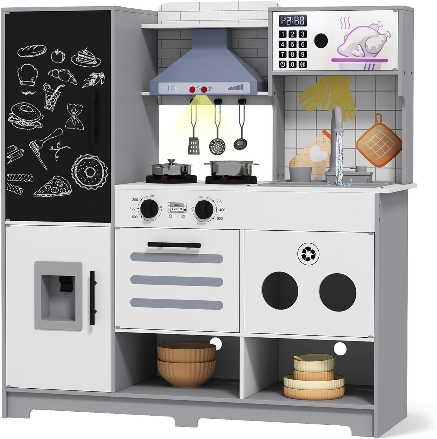 Large Wooden Kids Play Kitchen Lights Sounds Ice Maker Chalkboard