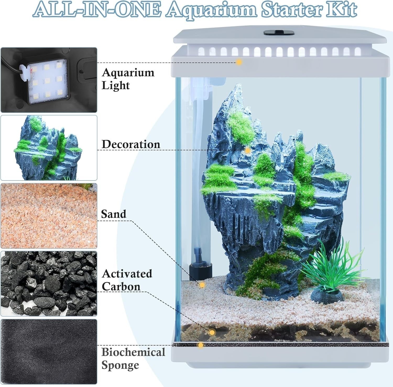 4L Mini Glass Fish Tank Starter Kit with LED Light, Air Pump & Accessories