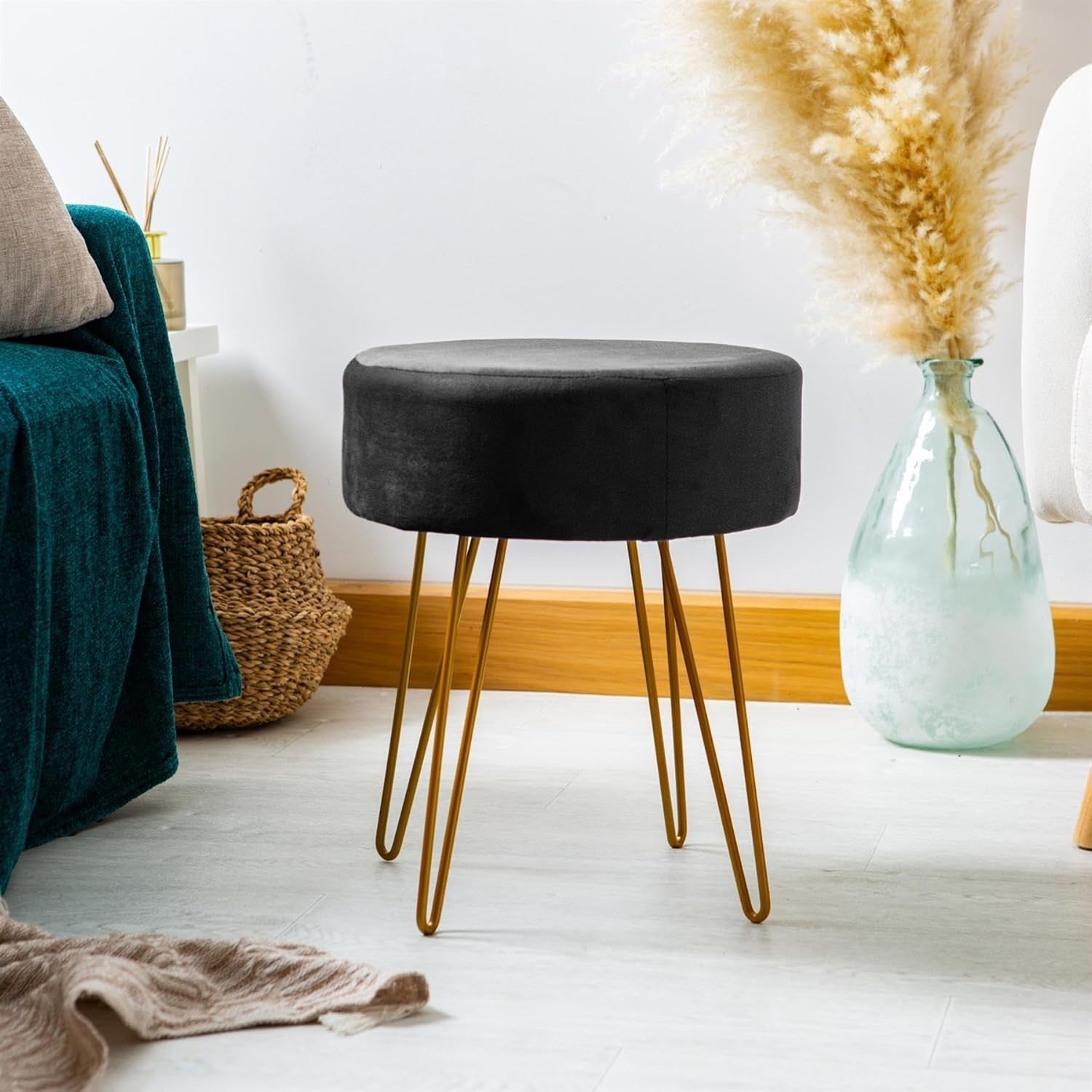 Set of 2 Black Velvet Footstools Gold Legs Modern Round Pouffe Seats