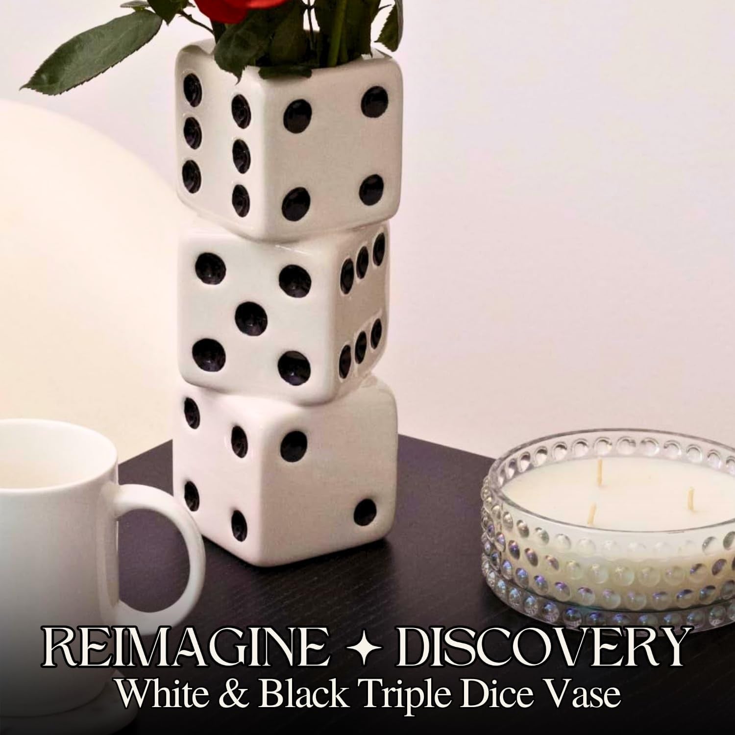 Dice Vase Ceramic Triple Stack White Black Dot Modern Table Flower Decor