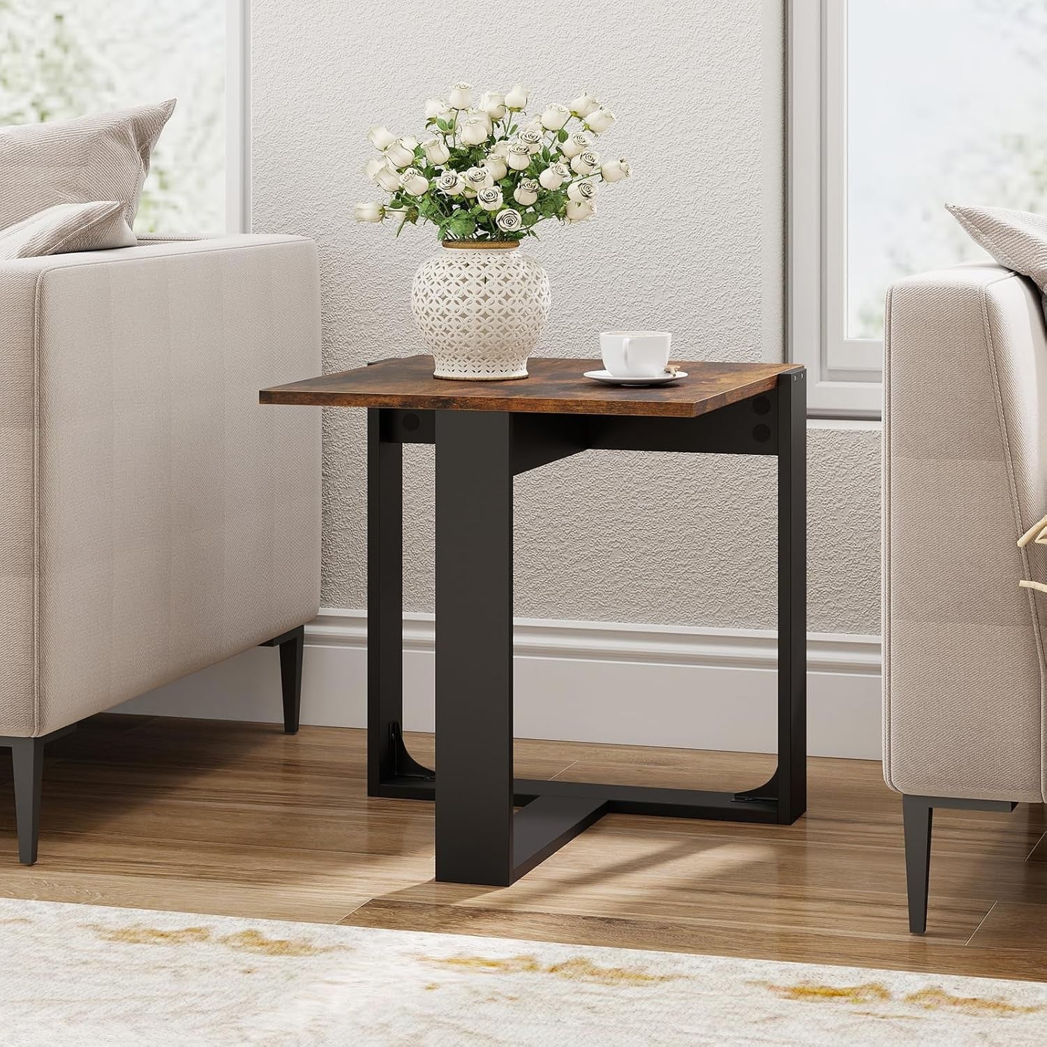 Set of 2 Industrial Side Tables | 50cm Rustic Brown Square Sofa End Tables Metal