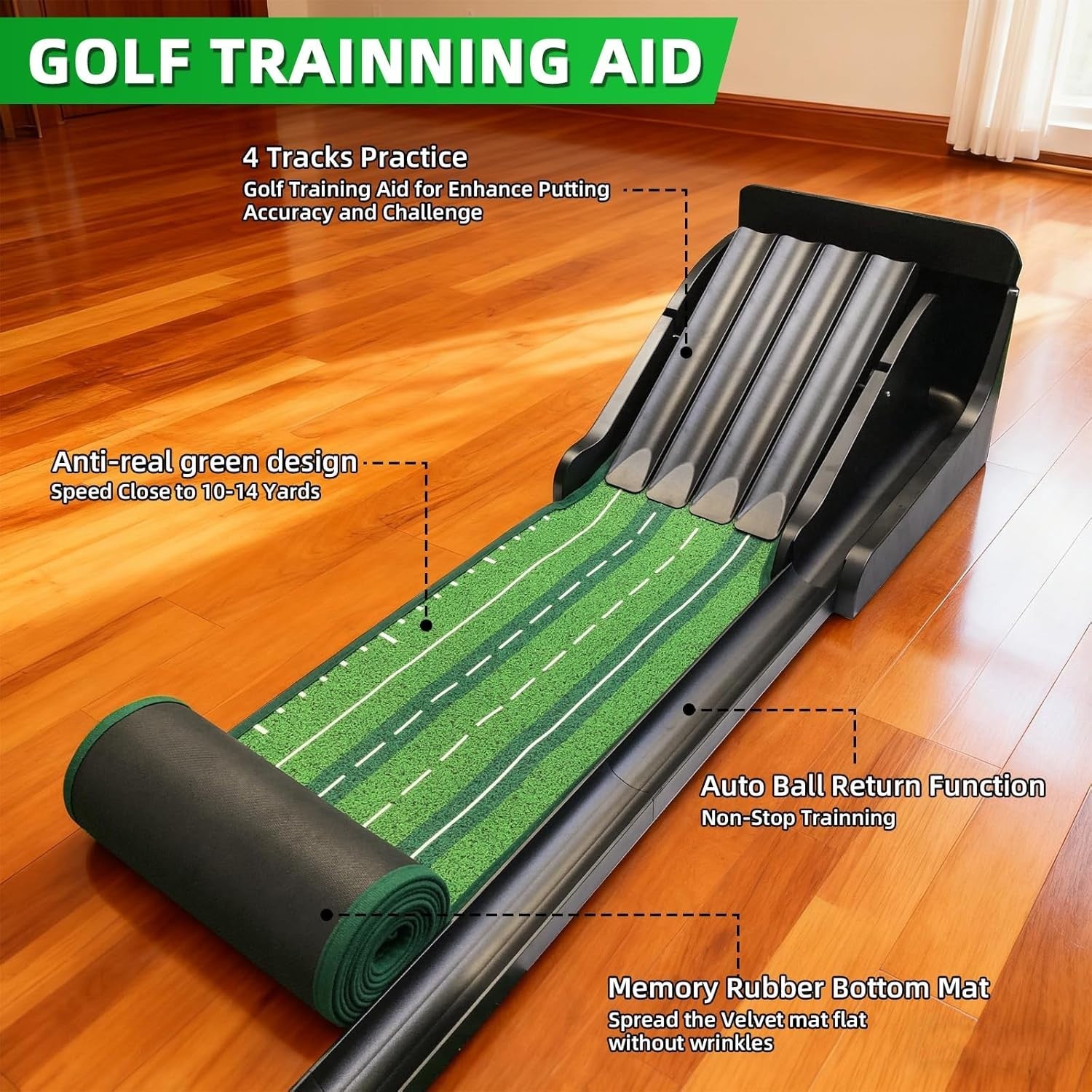Indoor Golf Putting Mat Auto Ball Return Multi-Track Training Game