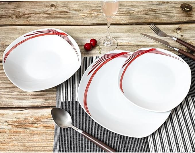12pc White Ceramic Dinnerware Set Plates Bowls Service for 4 Red Line