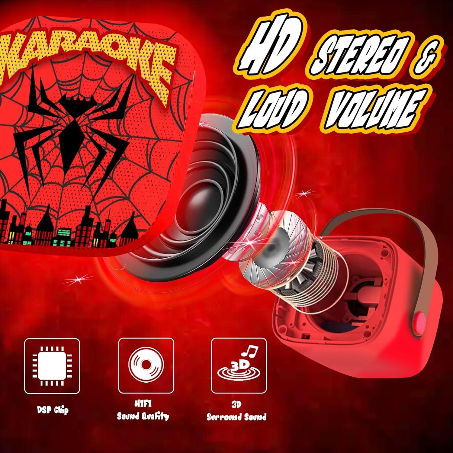 Spider Kids Karaoke Machine 2 Mics LED Lights Red Bluetooth