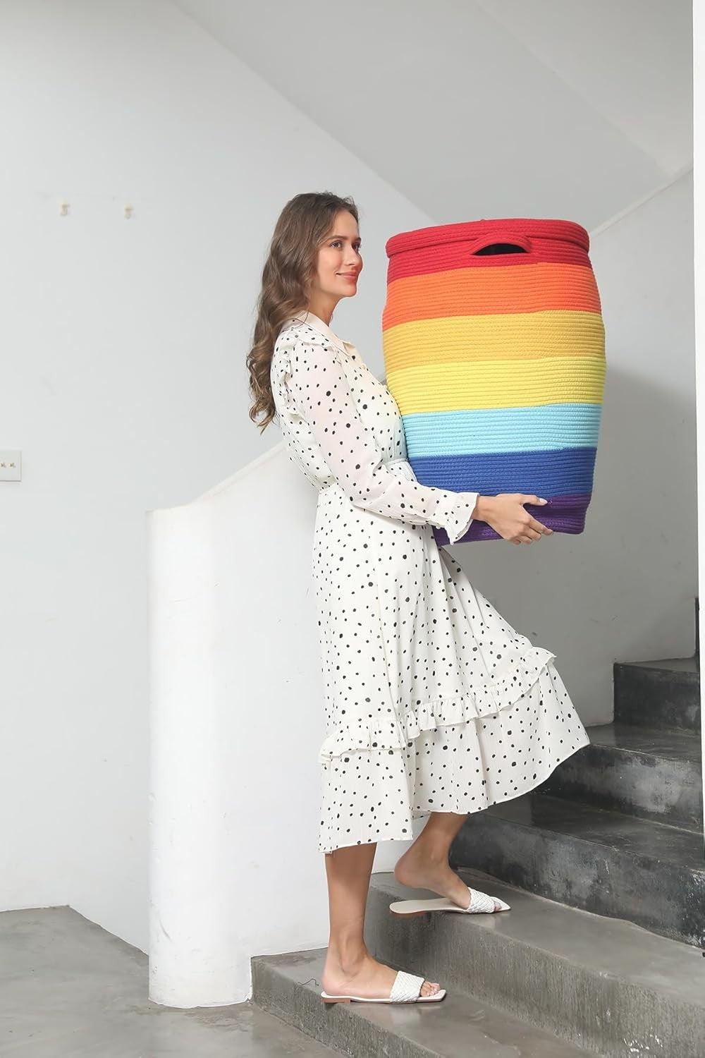 XL 26" Rainbow Cotton Rope Laundry Basket with Lid Large Woven Storage Hamper