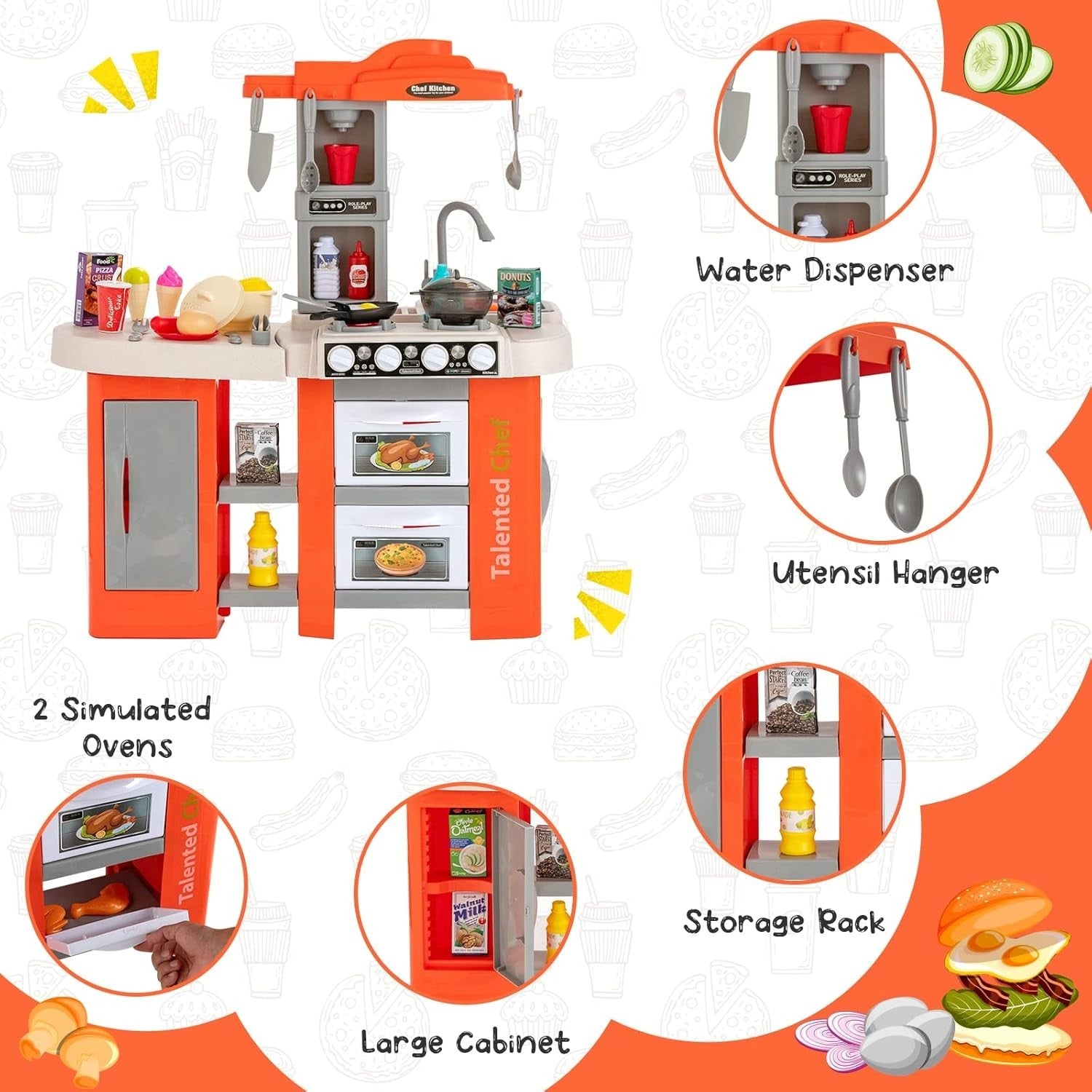 67PCS Kids Play Kitchen Toy Set Lights Sounds Steam Cooking Orange