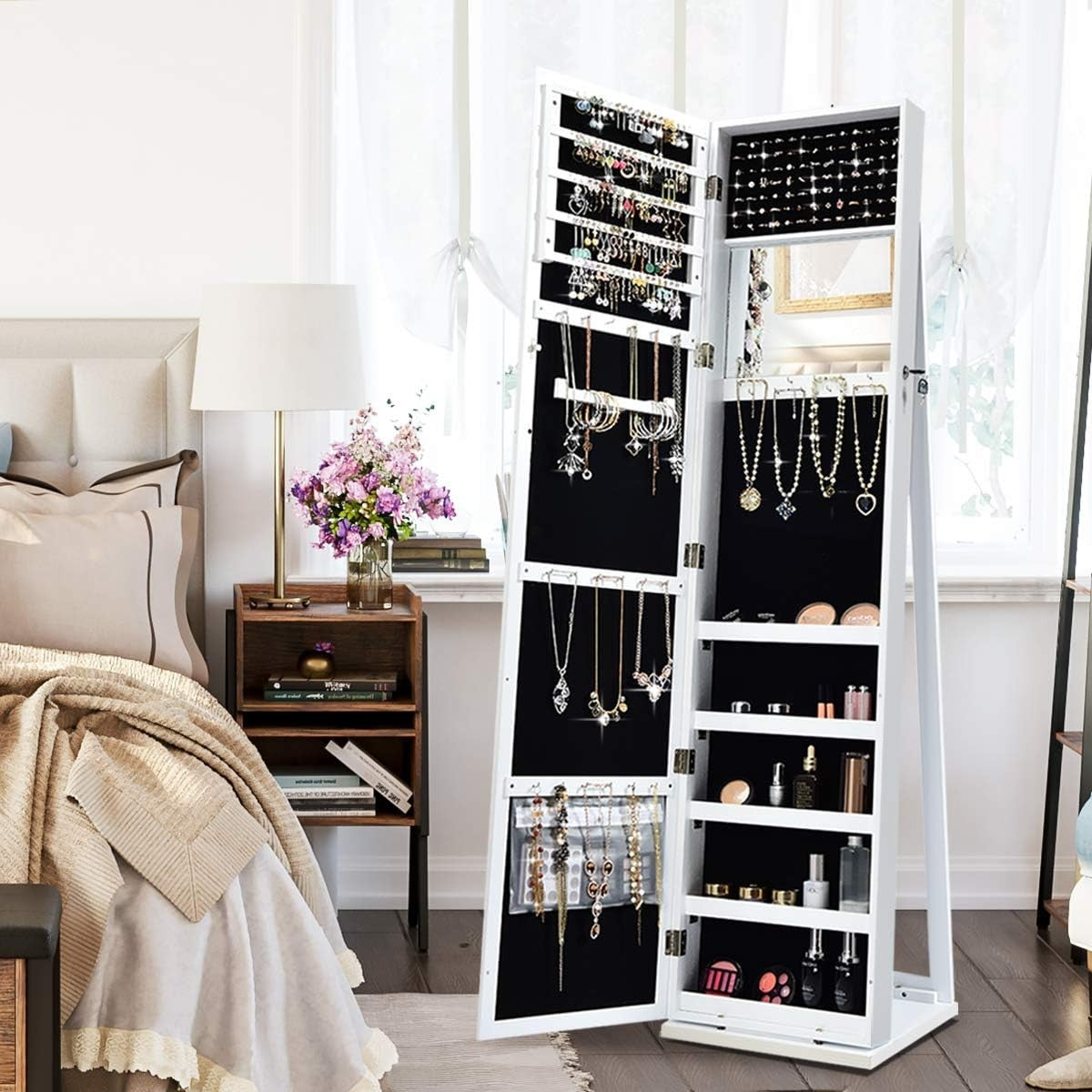 White Lockable Jewelry Cabinet Mirror 3-in-1 Freestanding Storage