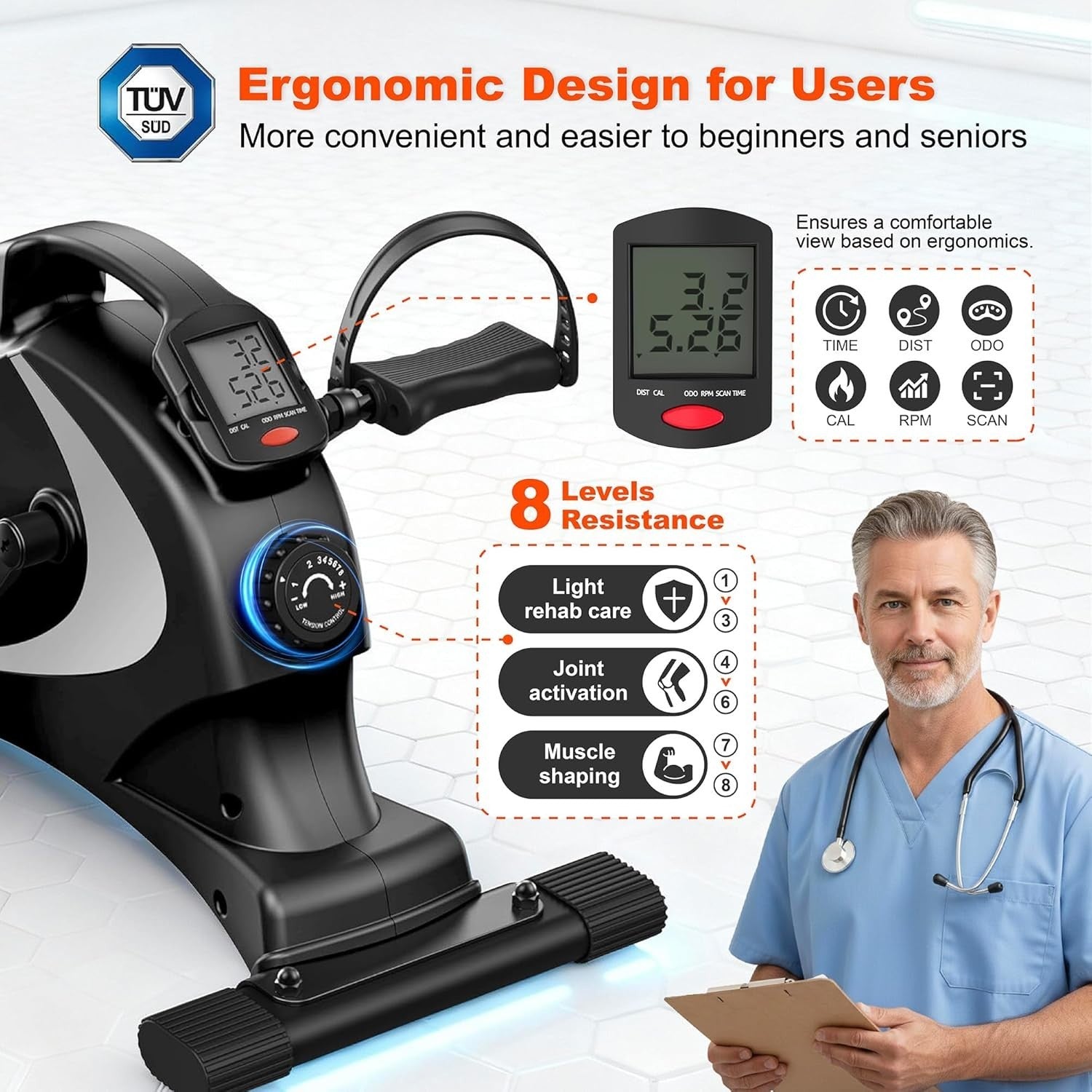 Under Desk Exercise Bike Pedal Exerciser 8 Level Magnetic Resistance