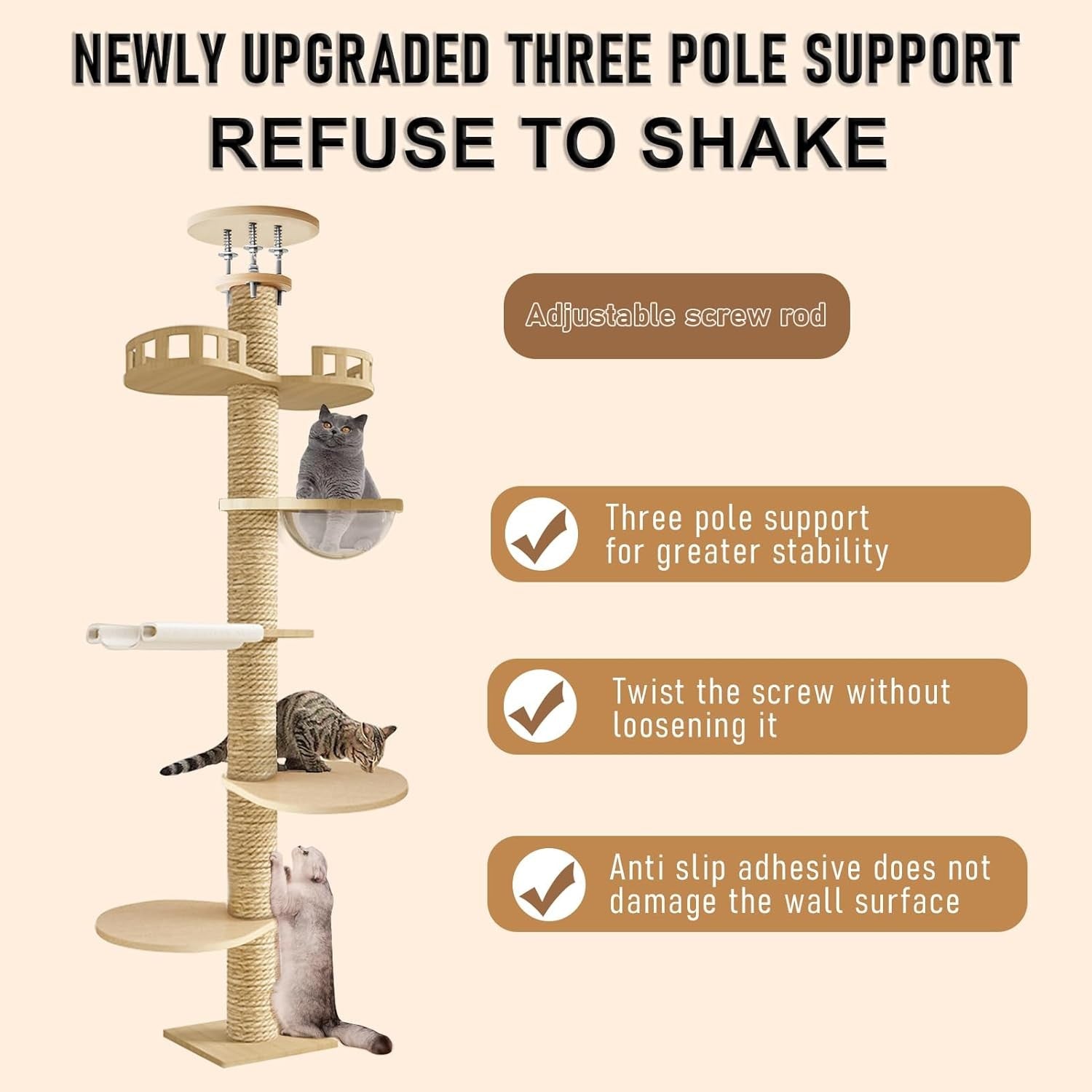 Beige Floor to Ceiling Cat Tree Adjustable Tower 6 Tier Scratching Post