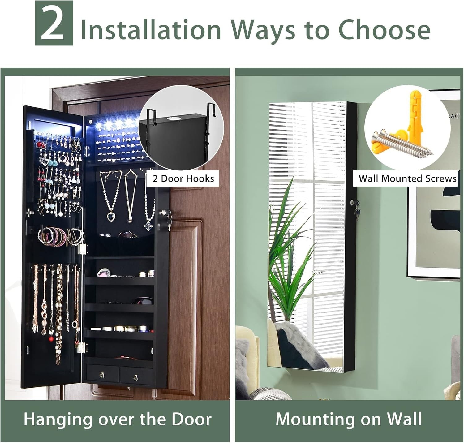 Black LED Jewelry Armoire Wall or Door Mounted Lockable Mirror Storage