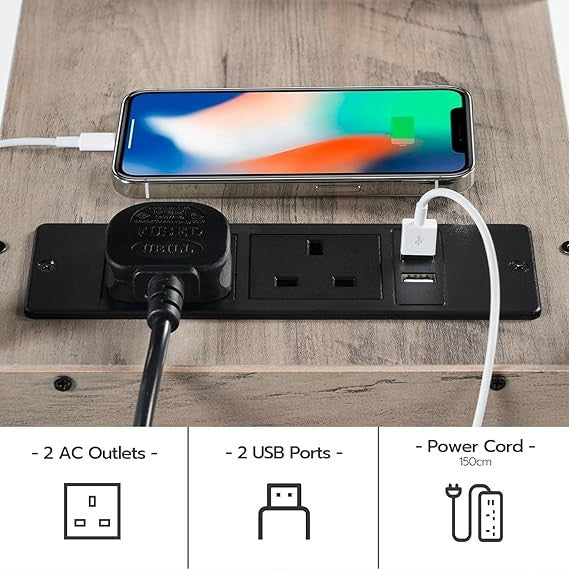 Slim Bedside Table with Charging Station, 2 Drawers, USB Ports, Modern Narrow