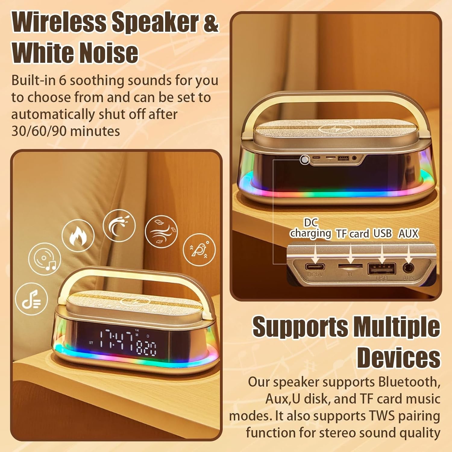 Bluetooth Radio Alarm Clock Wireless Charging Speaker LED Night Light