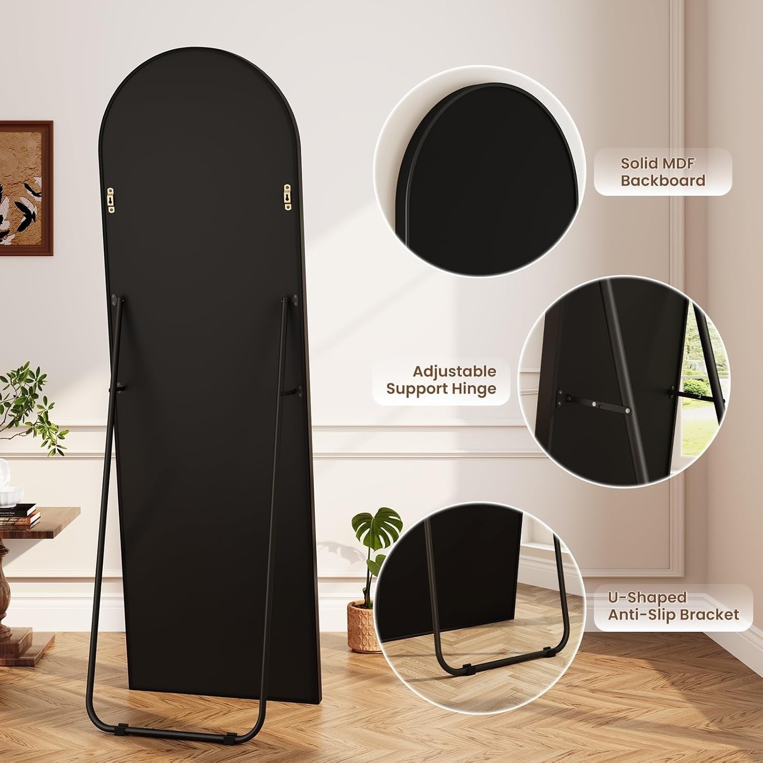 Large Full Length Arched Floor Mirror 160x50cm with Stand, Sleek Metal Frame