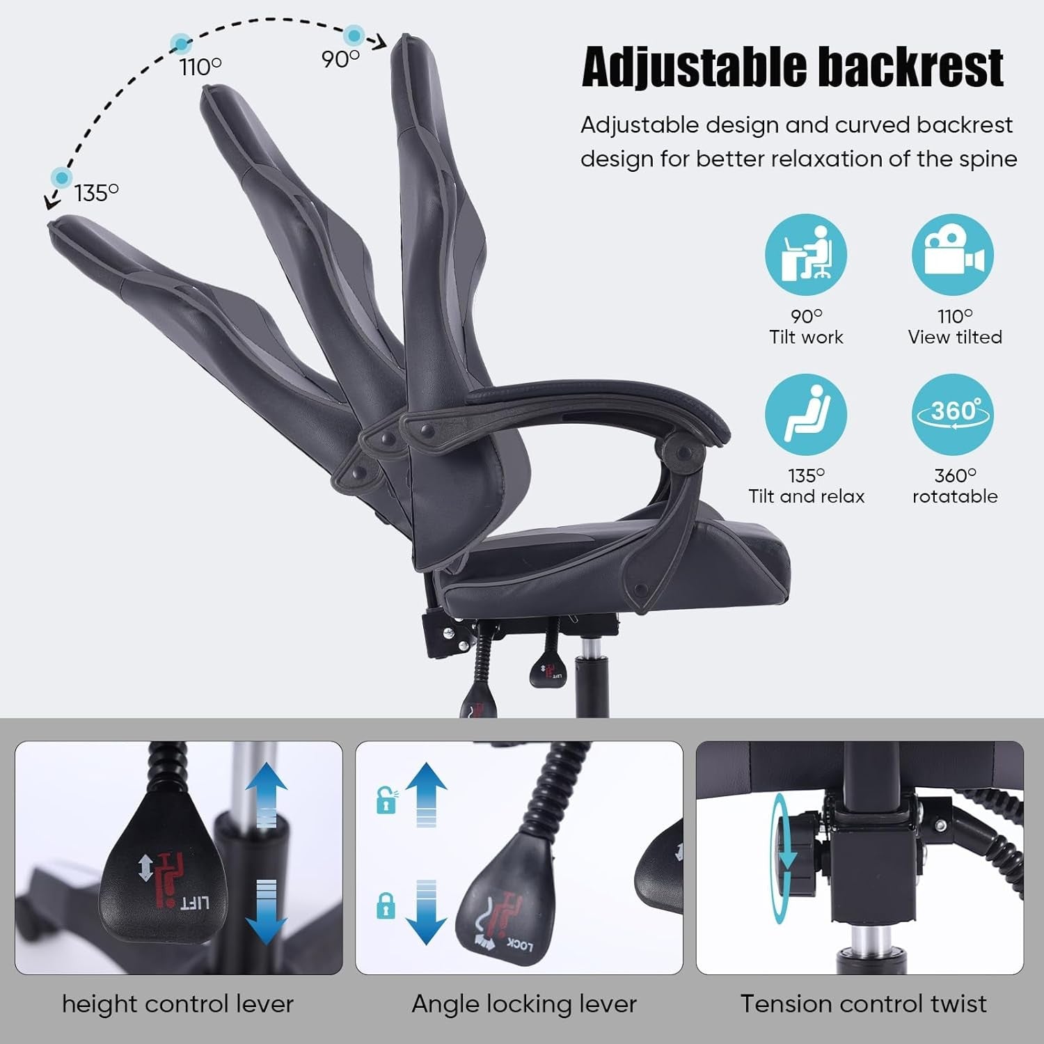 Ergonomic Gaming Chair Reclining Office Desk Chair Lumbar Support Grey