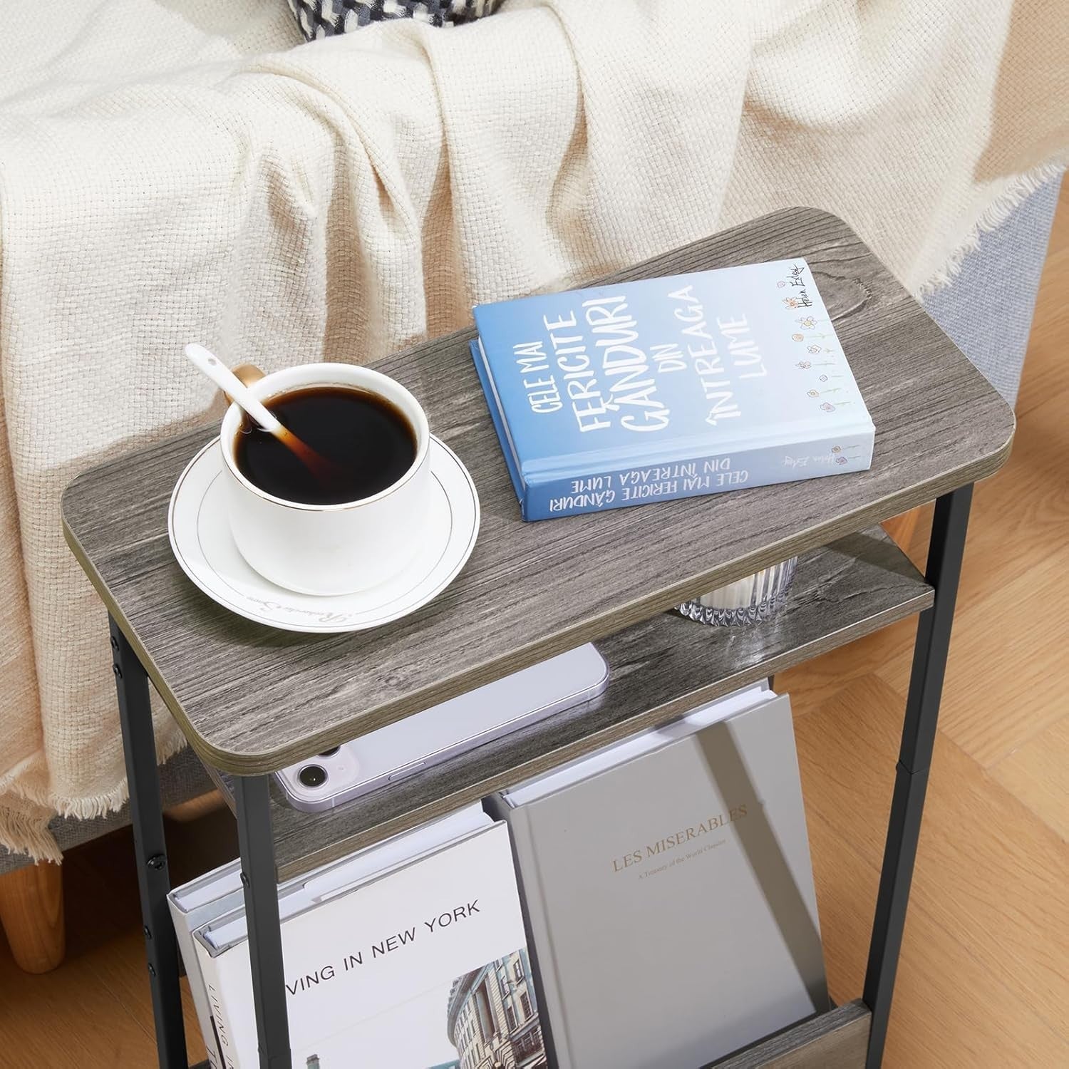 Slim Grey Side Table for Small Spaces – 3-Tier Narrow Nightstand Unit