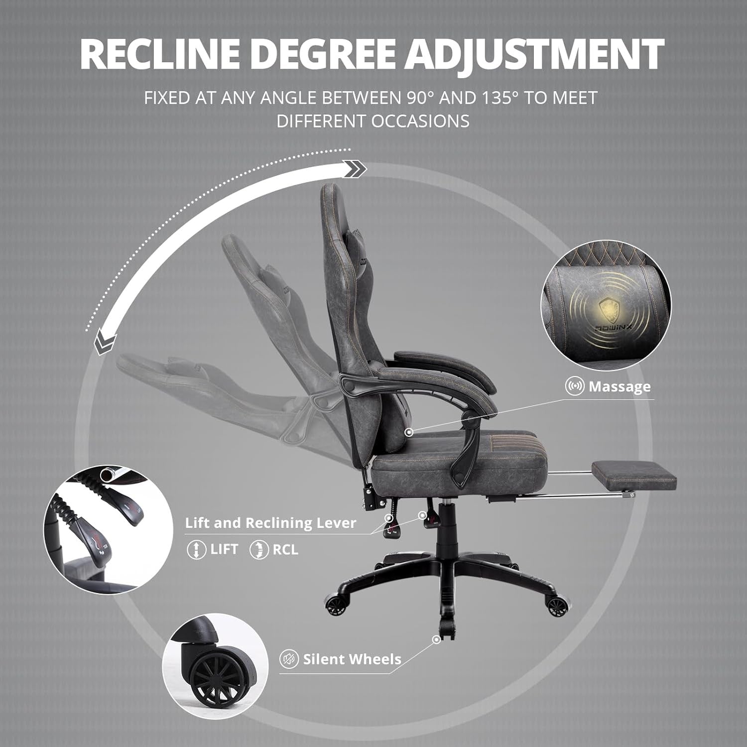Gaming Chair Recliner with Footrest Massage Lumbar Grey PU Leather