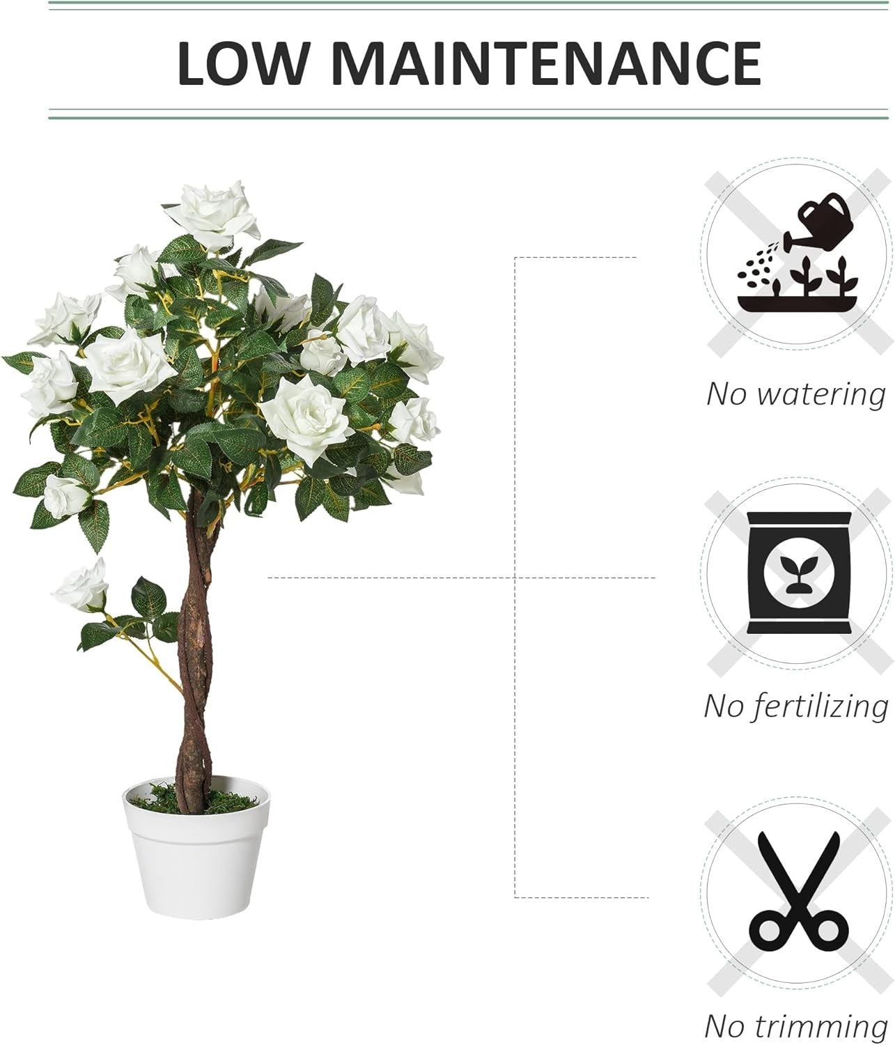 Artificial Rose Tree 90cm / 3ft White Faux Flower Plant Potted Home Garden Decor