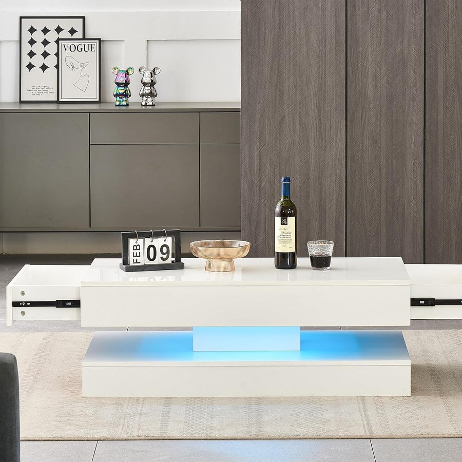 White LED Coffee Table High Gloss 2 Drawer Storage Modern Living Room