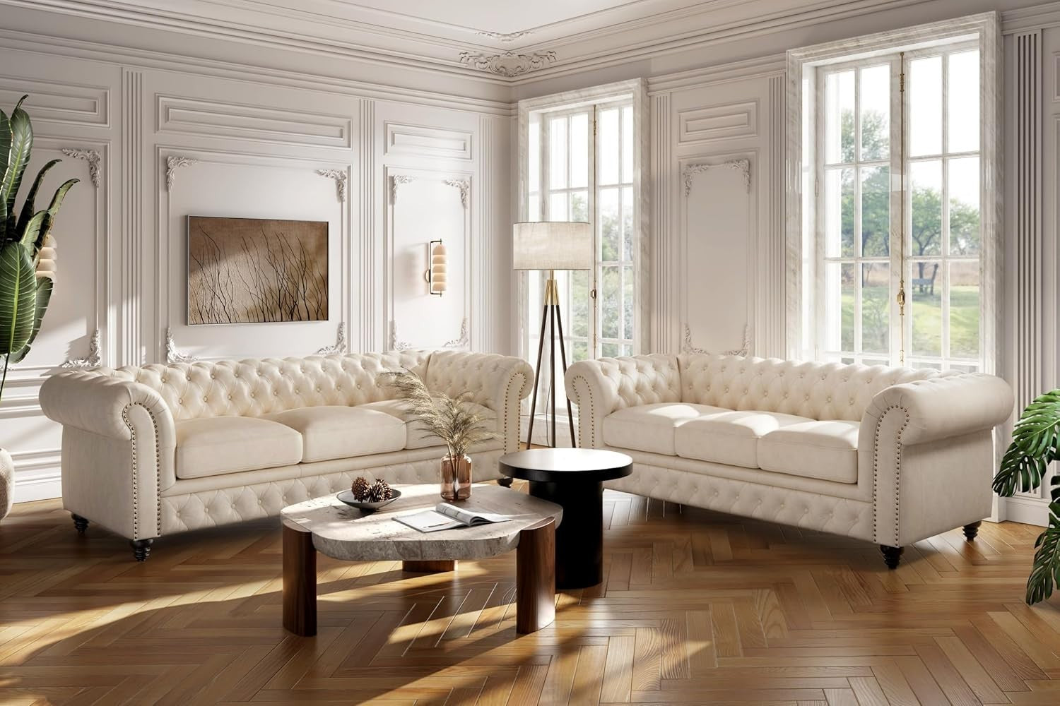 92" Beige Leather Chesterfield Sofa Full Aniline Tufted Luxury Couch