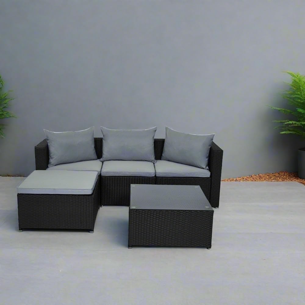 5-Piece Black Rattan Garden Corner Sofa Set with Cushions & Glass Table