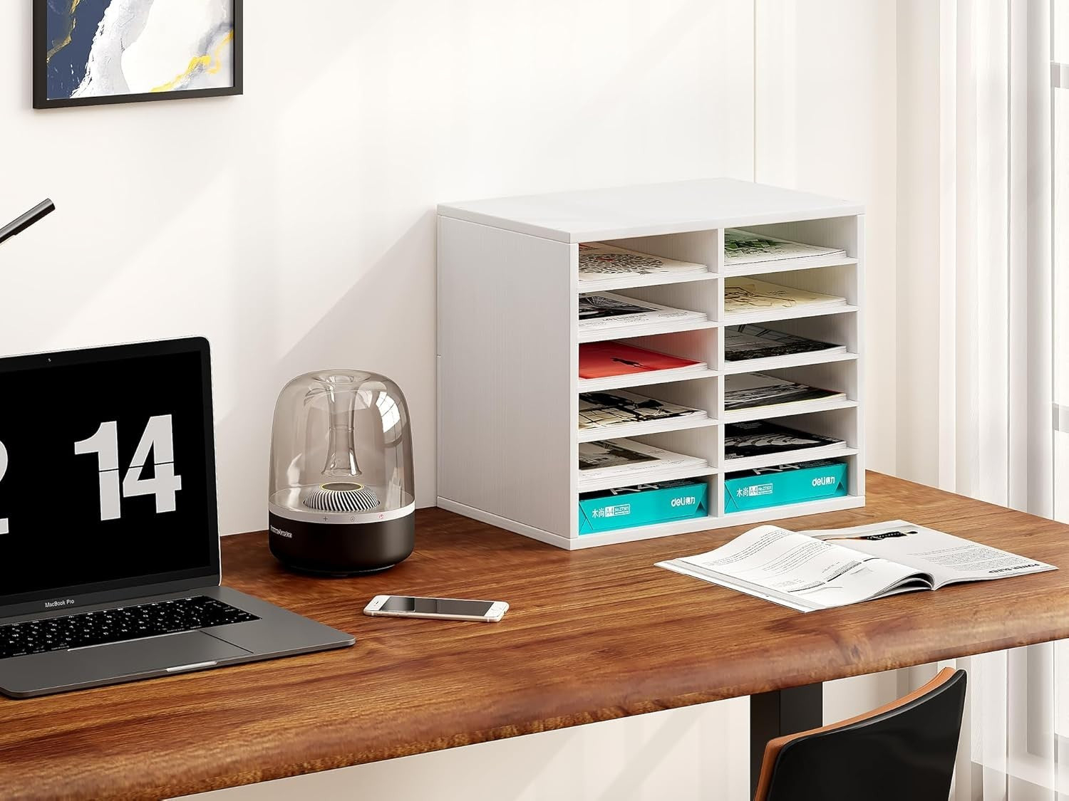 12 Compartment Wood Desk Organizer A4 File Tray Office Paper Holder