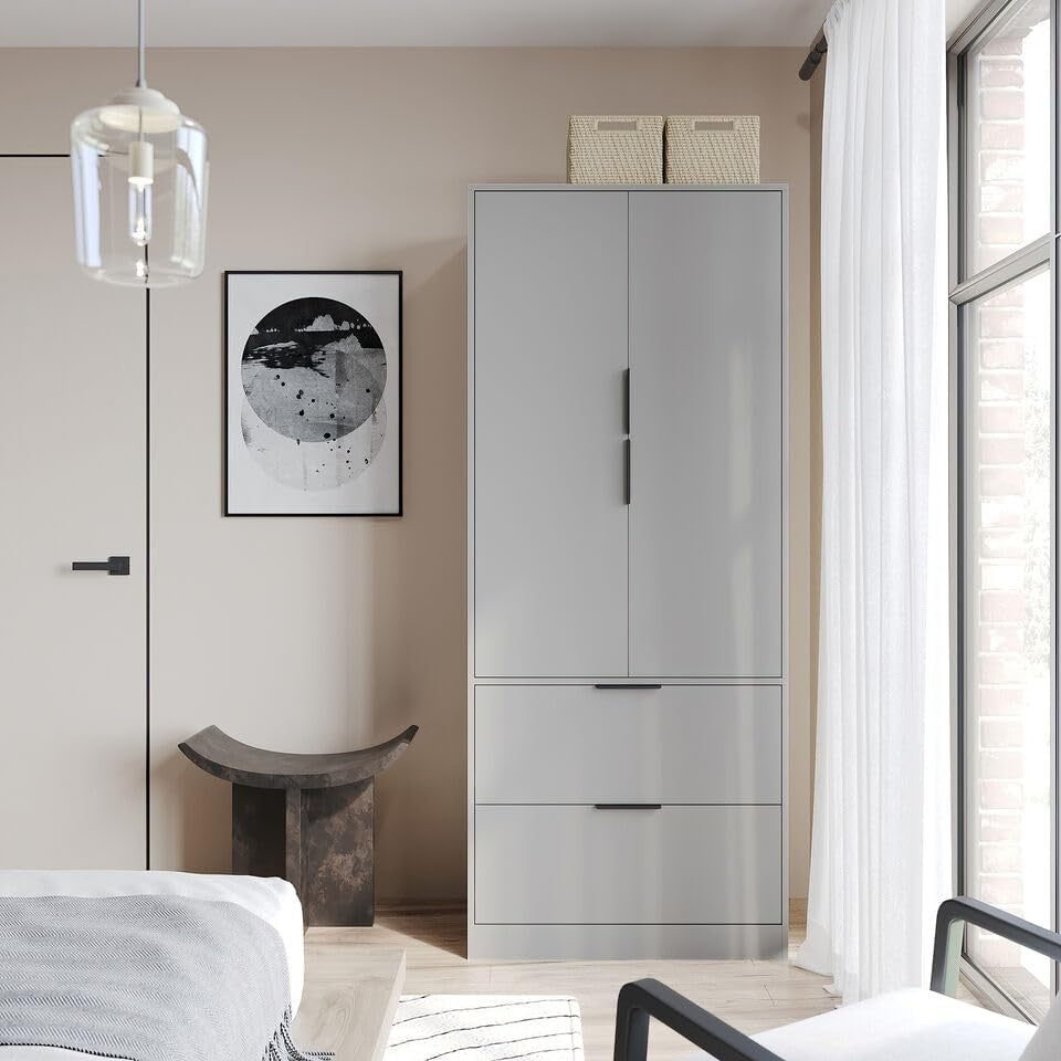 Grey Wardrobe 2 Door 2 Drawer Hanging Rail Shelf Bedroom Storage Unit