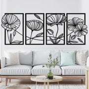 Black Metal Wall Art Set of 4 Lotus Flower 3D Line Sculptures Modern Decor