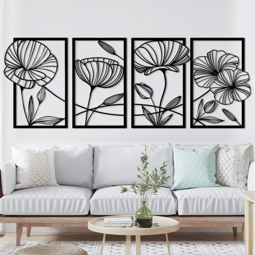 Black Metal Wall Art Set of 4 Lotus Flower 3D Line Sculptures Modern Decor